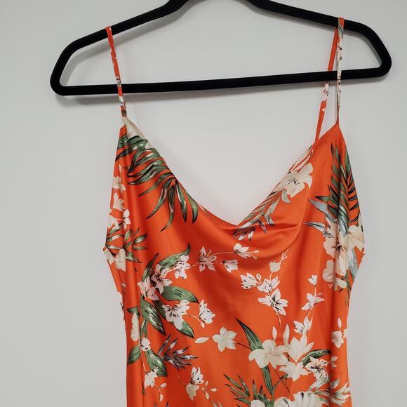 Paper Heart Silky Maxi Dress M Orange Floral Cowl Neck High Slit Garden Party - Picture 2 of 16